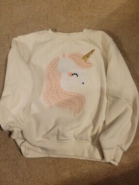 H & M Girls Cream Unicorn Applique Sweatshirt with Gold Horn